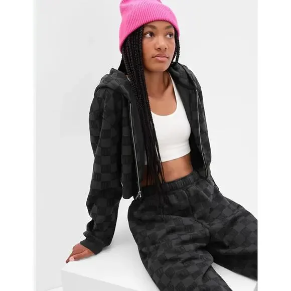 Gap Teen Black Checkerboard Logo Crop Zip Up Hooded Sweatshirt (size 14-16)