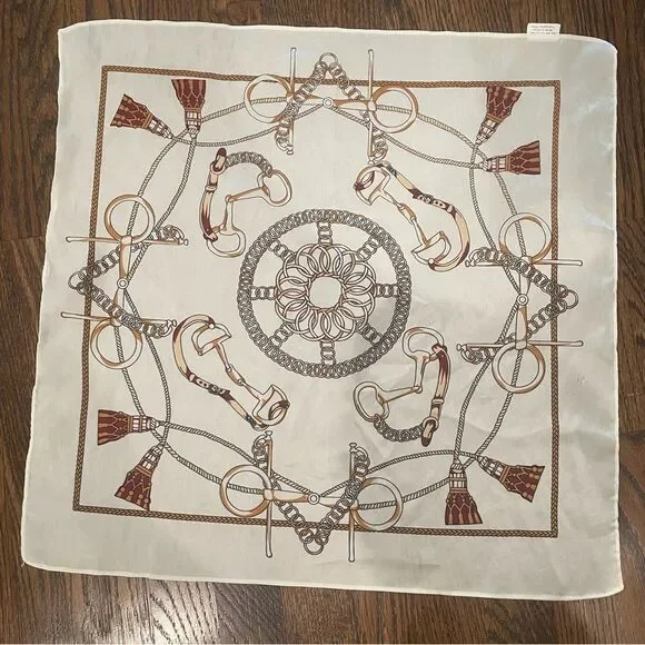 White & Tan Equestrian Printed Square Scarf Kerchief