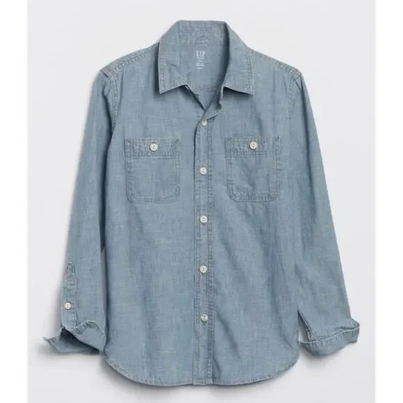 Gap Blue Chambray Denim Cotton Button Down Sleeve Adjustable Tab Boy (Youth S)