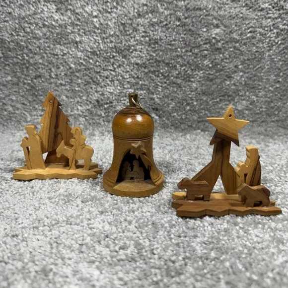 Olive Wood Nativity Christmas Ornaments Handcrafted Set of 3‎ Bethlehem Scenes