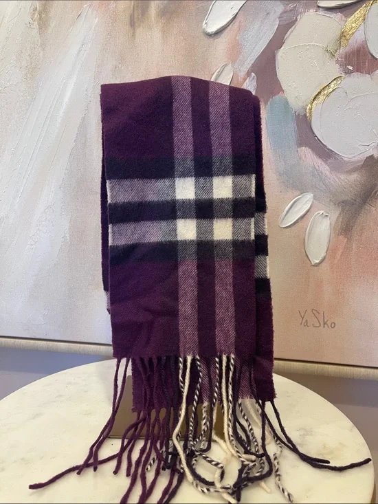 Burberry Purple Plaid Fringe Scarf