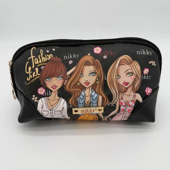 Nikky by Nicole Lee Fashion Girl Cosmetic Makeup Bag Black Heart Print Lining