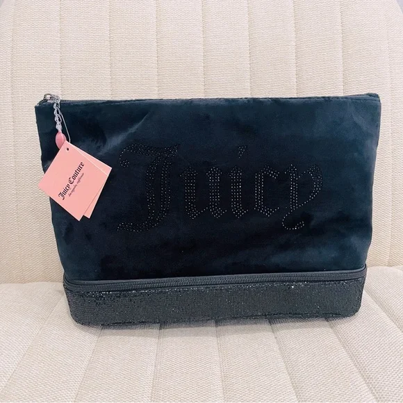 NEW Juicy Couture Black Velour Rhinestone Travel Cosmetic Bag‎ Dual Compartment