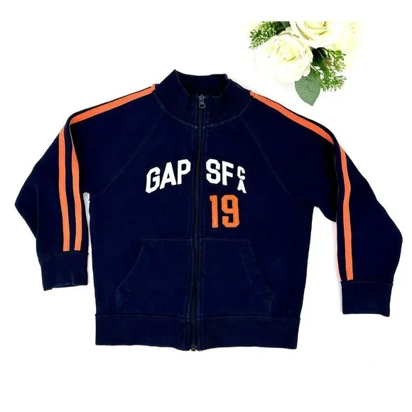 Gap Boys Fleece Varsity Jacket Size Small 6/7 Navy Orange Full Zip Pockets