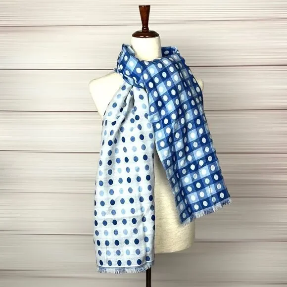 NWT TALBOTS Wool Blend Blue White Polka Dot Check Fringe Trim Wrap Scarf