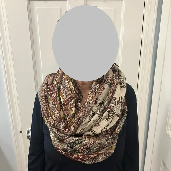 Raj Infinity Scarf Boho Brown Tan Maroon black paisley pattern reversable knit