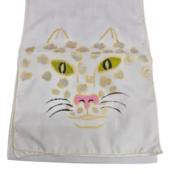 vintage White Hand Painted Kitty Cat Leopard Scarf 1970s Acetate 53