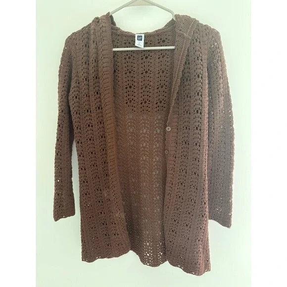 Gap Kids Girls 10 Brown Hooded Crochet Cardigan With Buttons &‎ Long Sleeves