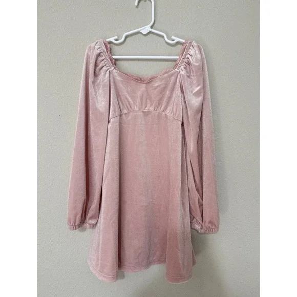Gap Kids Light Pink Velvet Long Sleeve Dress Lace Trim Babydoll Y2K Feminine