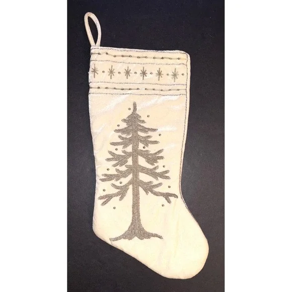 Silver Beaded and Embellished Christmas Tree Stocking White