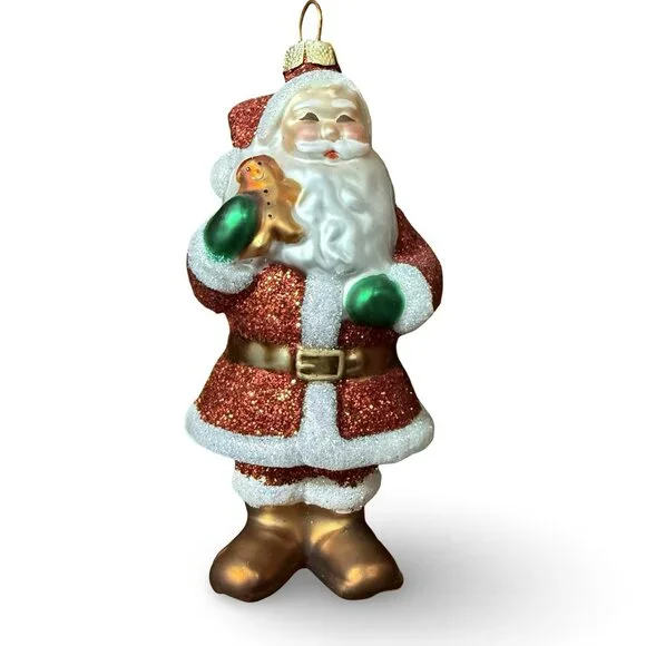 Hallmark‎ Santa Christmas Ornament Glass Hand Painted Red Glitter w/ Gingerbread