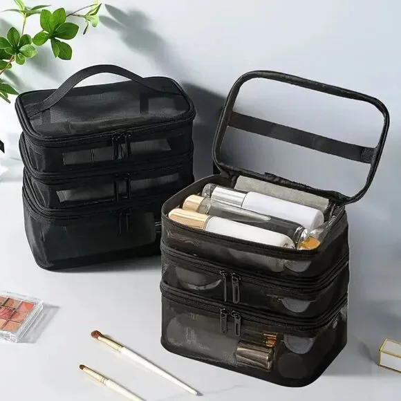 Chic Large Black Nylon Foldable Lightweight 3-Layer Mesh Cosmetic Bag