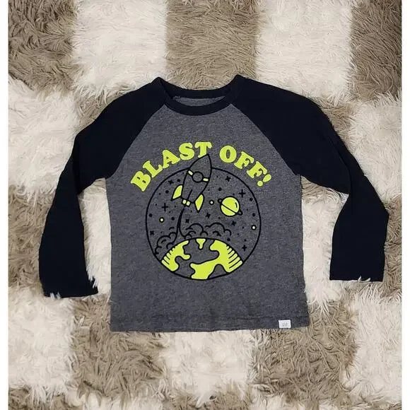 Baby Gap Rocket Ship Blast Off Space Themed Long Sleeve Kids Cotton Raglan Tee
