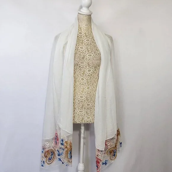 Scarf Women's Rectangle White Detailed Floral Embroidered Linen Blend Boho City
