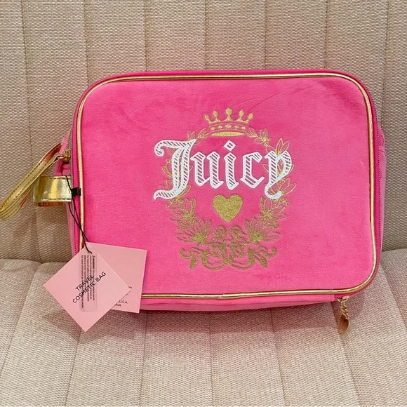 NEW Juicy Couture Hot Pink Velour Travel Cosmetic Bag Gold Trim‎ Y2K Makeup Case