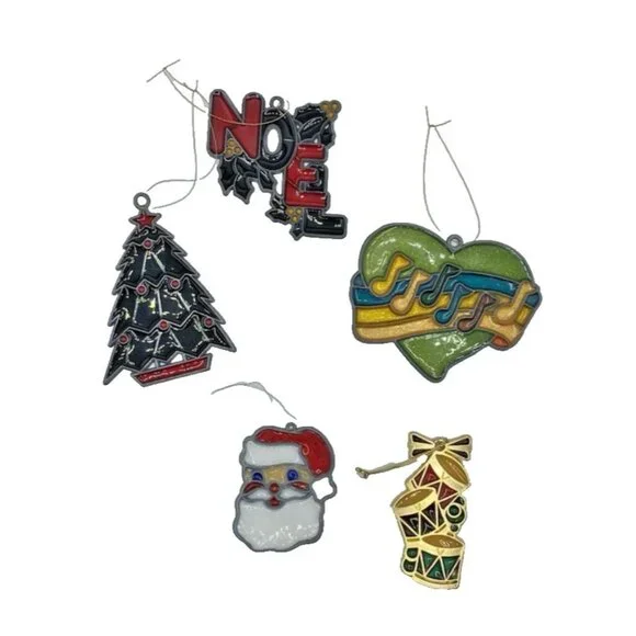 Lot 5 Vintage Plastic Christmas Ornaments Faux Stained Glass Suncatchers Decor