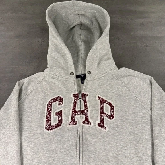 Gap Zip Up Hoodie XL Gray Wine Paisley Logo‎ Fleece Raglan Sweatshirt Babydoll