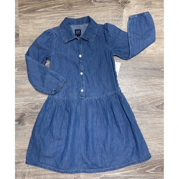 Gap Kids Girls Blue Denim Long Sleeve Button Front Shirt Dress Size 5 Years NWT