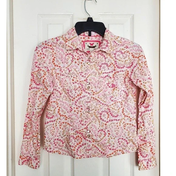Vtg Gap Kids Western Snap Shirt‎ Pink Floral Cotton Long Sleeve Cowgirl Top L 10