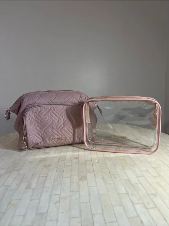 Bagsmart Pink Quilted Cosmetic Bag with Clear Pink-Trim Pouch