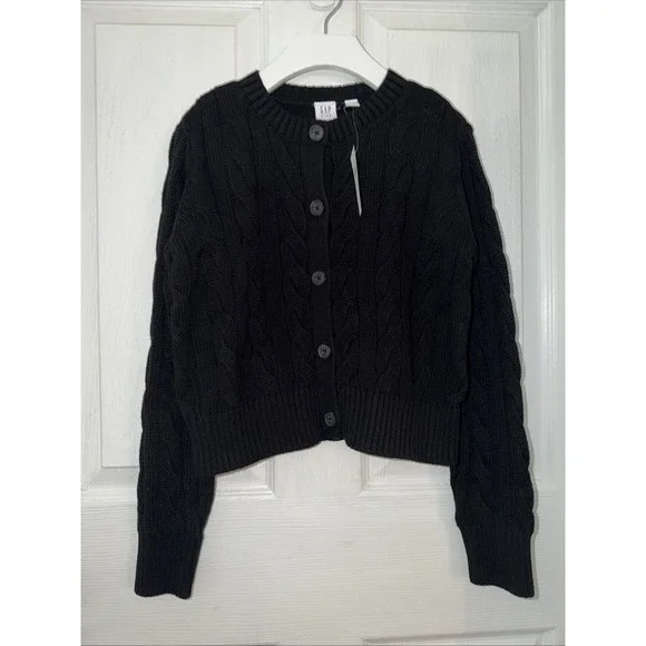 New GAP Kids Girls Black Cable Knit‎ Button Cardigan Size M 8 Cotton