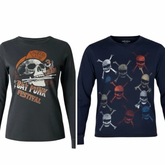 Set of 2 Gap Skull Graphic Print Crewneck Long Sleeve T-Shirts Size Large
