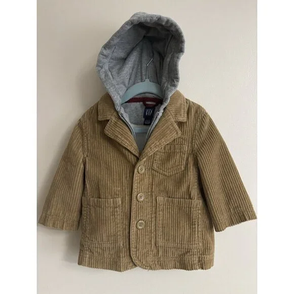 GAP Zip & Button Long Sleeve Brown Corduroy Hooded Jacket Toddler 12/18 Months