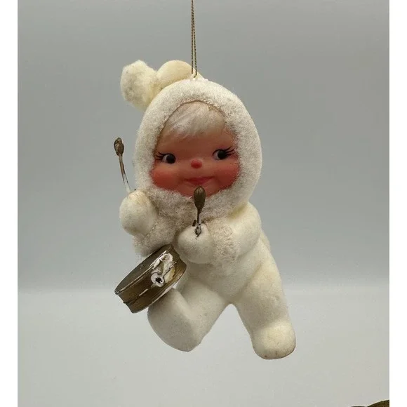 Vintage White Flocked Bare‎ Bottom Snow Angel Baby Kurt Adler Ornament Drummer