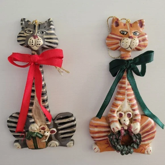 Vtg Kurt Adler Christmas Ornaments (2) Cats Kitty Whimpsical Tiger Tabby Mouse