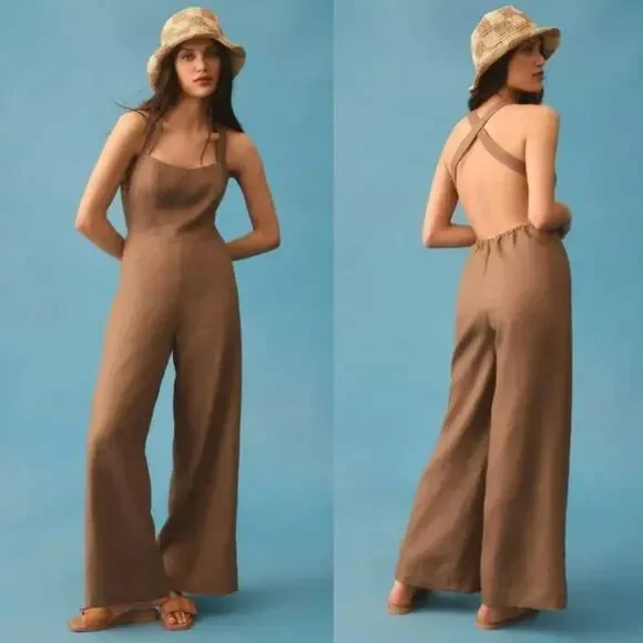 Reformation Autumn‎ Linen Jumpsuit Size 0 Mushroom Brown Wide Leg One Piece