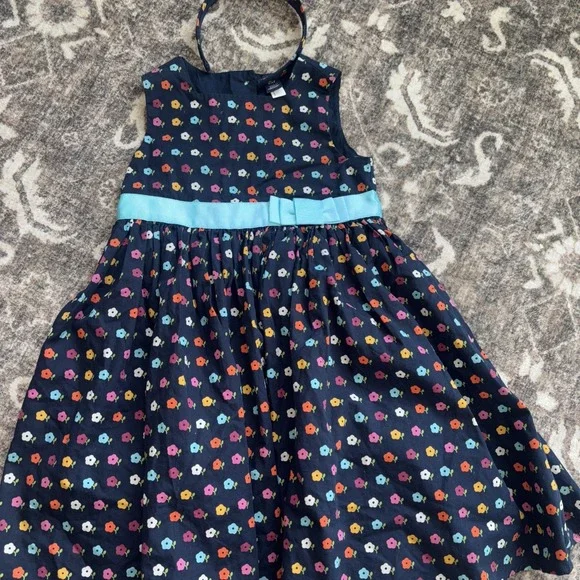 VTG Kids Gap Navy Blue MultiColor Floral Ribbon Dress Sleeveless Size 4 Headband