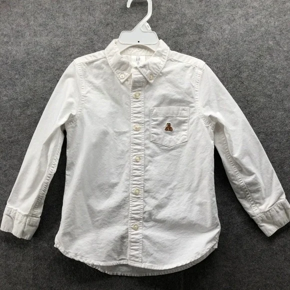 Gap Boys 5T White‎ Oxford Shirt Long Sleeve Organic Bear Embroidered Button