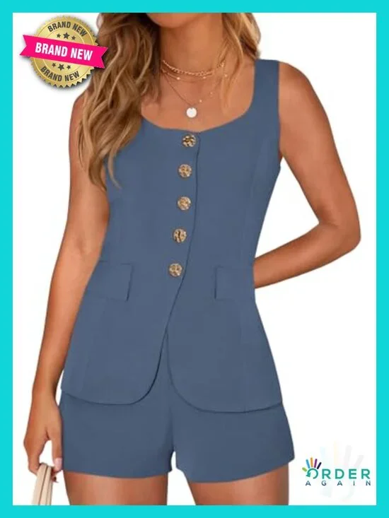 2 Piece Matching Set Vest Top and Shorts Set Sleeveless Square Neck Business