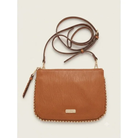 Jessica Simpson Cognac Brown Studded Triple Zip Crossbody Bag Gold Hardware
