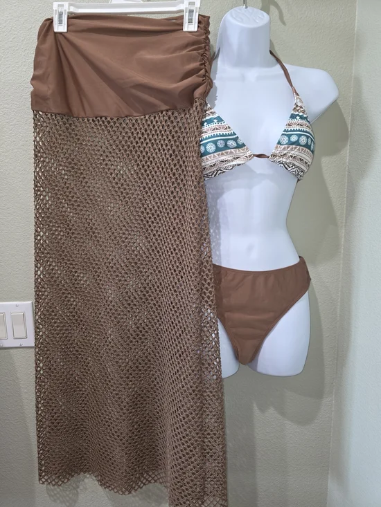 Brown Mesh Swim Cover-Up Skirt with Matching Bikini Set