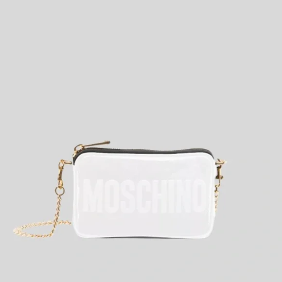 MOSCHINO Patent Leather Logo Shoulder Bag White