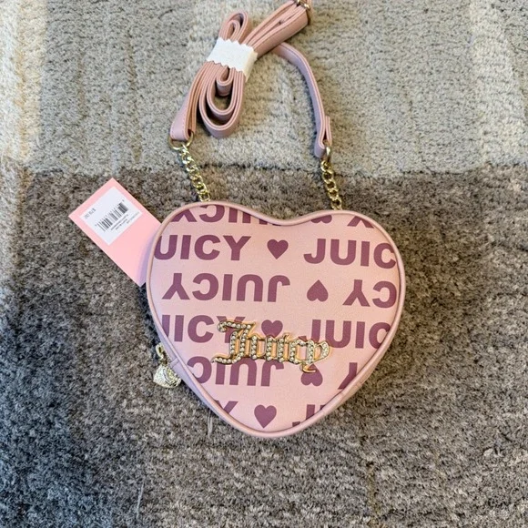 Juicy Couture Dusty‎ Blush Fluffy Heart Crossbody Bag Logo Print Pink NWT