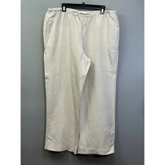 H&M Pants Women XL Beige Linen Blend Wide Leg Drawstring Elastic Waist Neutral