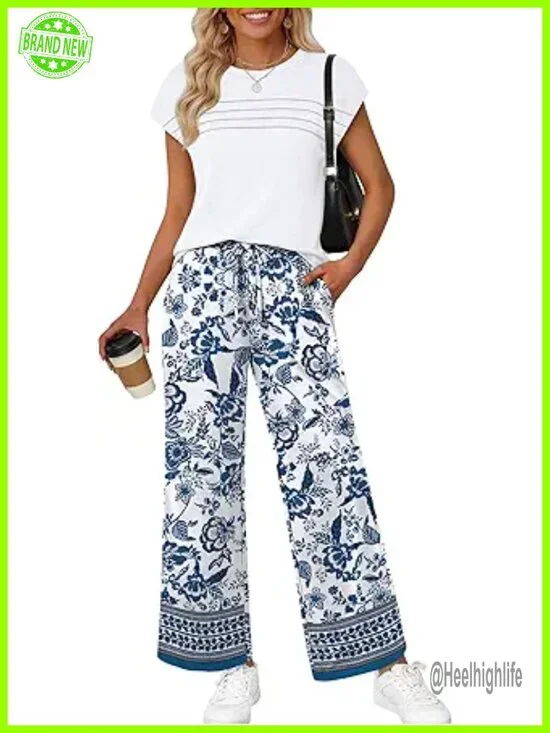 Two Piece Set Cap Sleeve Top Wide Leg Pants Matching Sets Travel Vacation
