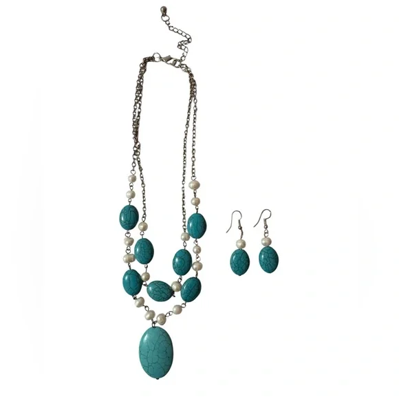 Turquoise Stone & Pearl Statement Necklace Set w/ Matching Earrings