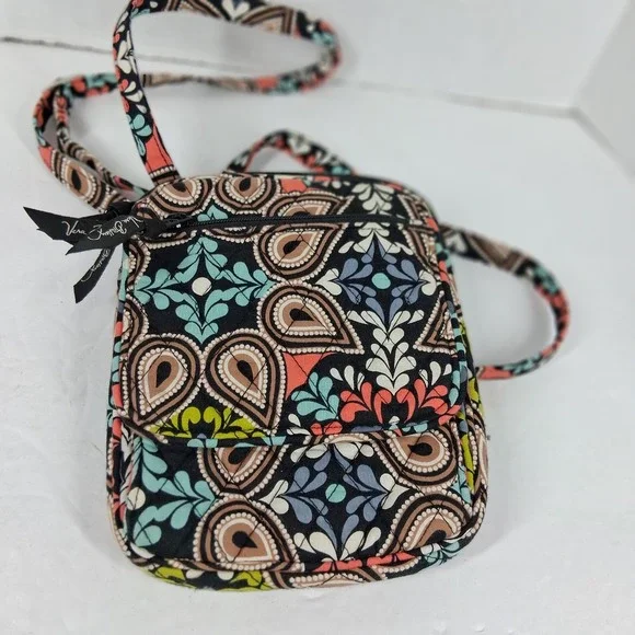 Vera Bradley Petal Paisley Quilted Cotton Crossbody Bag Black Coral‎ Teal 6x7.5