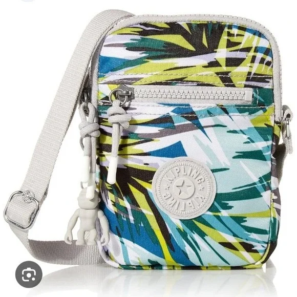 Kipling Small Crossbody Travel Bag‎ Gray Green Blue Zip Pocket Gorilla Keychain