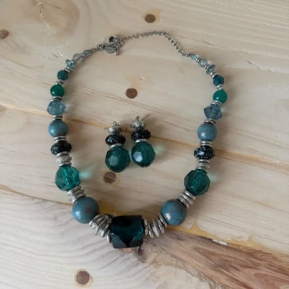 Chico's‎ Teal Beaded Necklace & Matching Dangle Earrings Statement Set
