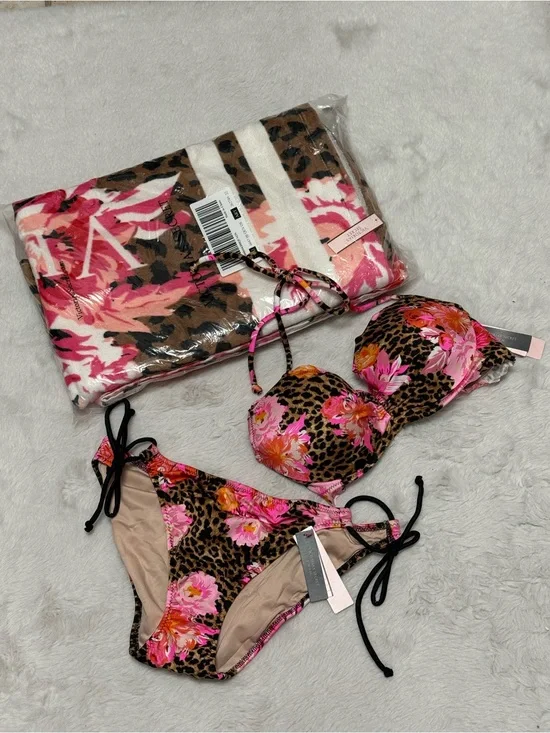 Leopard Floral Tie-Side Bikini Set in Pink with matching Towel