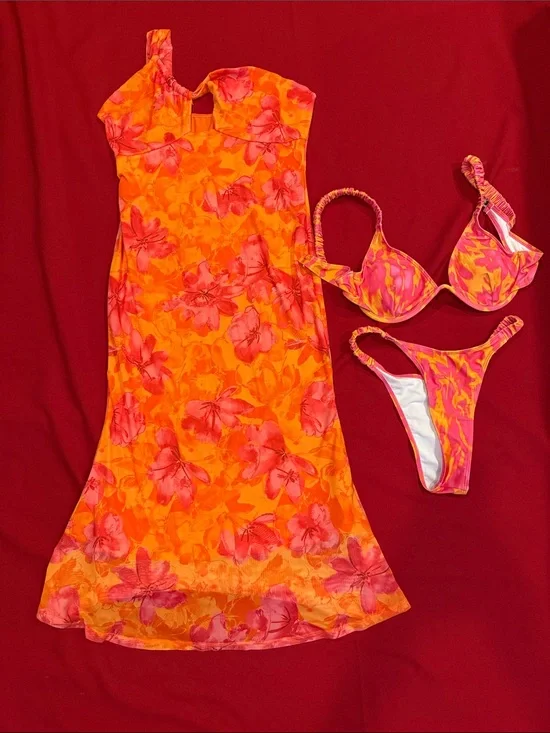 SHEIN Orange and Pink Floral Slip Dress with Matching Bikini Set