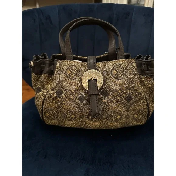 Donald J Pliner Gold Brocade Finesse Satchel Buckle Detail Handbag‎ Purse