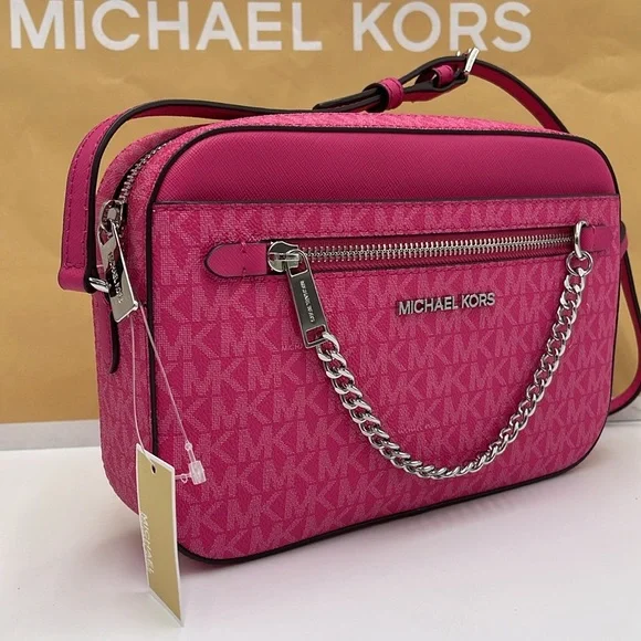 Michael Kors Jet Set Large Signature Logo Chain Crossbody Bag Dragonfruit NWT