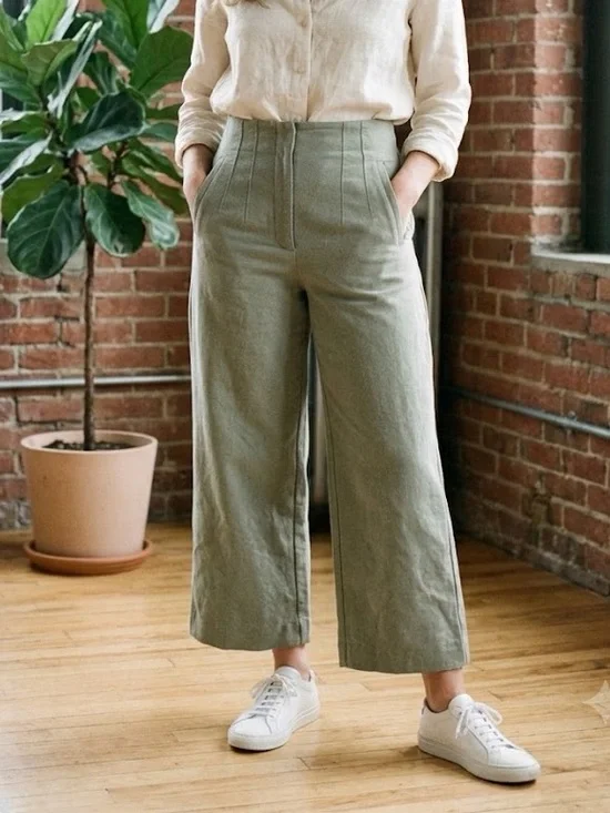 Zara Green Linen Wide Leg Cropped Paper Bag Waist Pants Small