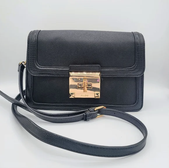 ALDO Black Saffiano Crossbody Bag Flap Top Gold Turn Lock Structured 9.5