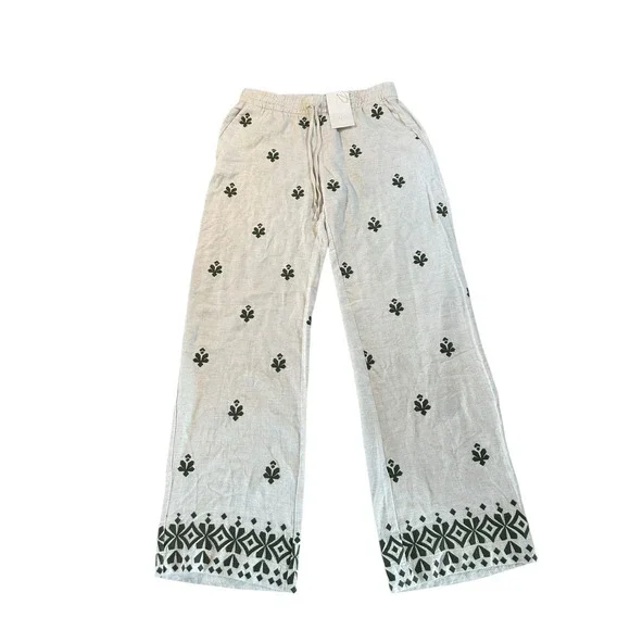 ZARA‎ NWT Linen Blend Embroidered Wide Leg Pants Boho Drawstring Size M